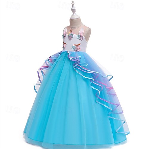 knee length dresses for ladies Girls Autumn Long Sleeve Mesh Cartoon Unicorn Dress