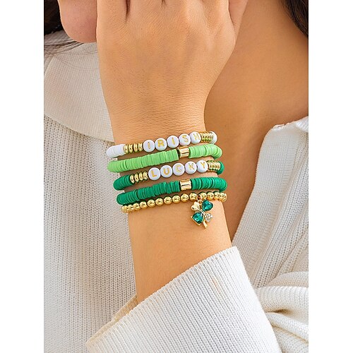  St. Patrick's Day Lucky Charm Bracelets – Irish Green Beaded Stretch Bracelet Set for Women, Festive Holiday Accessories with Shamrock and Letter Details