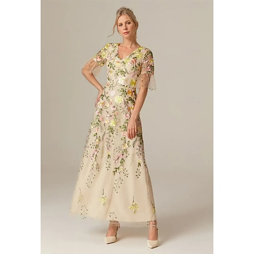 Blumen-Spitze A-Linie Gesticktes Kleid Beach Hochzeit Formelles Brautmutterkleid Elegant Vintage V-Ausschnitt Knöchellang Tüll Kurzarm mit Applikationen