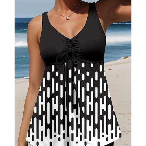  Kvinnors Bikinis Swimdresses 2 Delar Tankini Baddräkt Rygglös Mage Kontroll Hög Midja Slank Semester Strand Kläder Geometrisk U Hals Ärmlös Badkläder