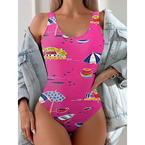  Dam Badkläder En bit Monokini Baddräkt Öppen rygg Magkontroll Hög midja Smal Semester Standkläder Grafisk U-hals Ärmlös Baddräkter