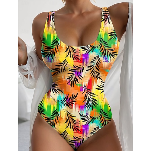  Maillots de bain pour femmes Maillot de bain Monokini Une pièce Dos nu Contrôle ventre Taille haute Ajusté Vacances Plage Vêtements Ombre Tropical U Cou Sans manches Costumes de bain