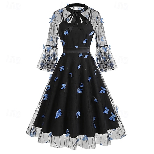 Elegante Retro Vintage Anos 50 Vestidos Baile de Máscara Bordado Flor Fantasia Mulheres Carnaval Ano Novo Baile de Máscaras Casual / Diário Festa de Solteira Adulto Vestido