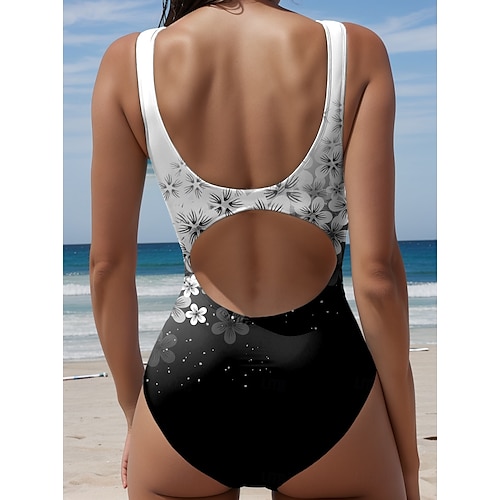  Kvinnors baddräkter Enkeldelad Magekontroll Baddräkter Blommig Gradient Scoop Hals Ärmlös Stretch Strandkläder Svart Vit Elegant Snabbtorkande Baddräkter