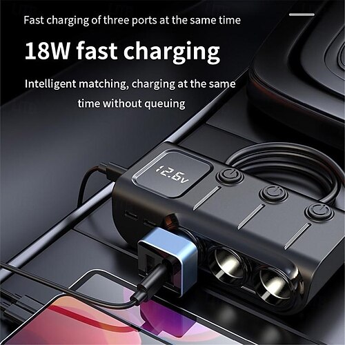 Adattatore Accendisigari Auto 4 Prese + 2 Porte USB - Splitter 12V/24V Con Luce LED E Fusibile - 2