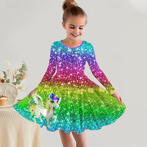  Girls' 3D Rainbow Unicorn Dress Long Sleeve 3D Print Fall Winter Vacation Sports & Outdoor Daily Cute Casual Beautiful Kids 3-12 Years Casual Dress A Line Dress Above Knee Regular Fit