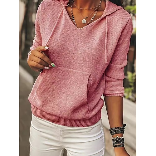 Femme Pull Chandail Décontractées Flexible Couleur monochrome A côtes Col V Tricoté manche longue Hauts réguliers Tricoter Extérieur du quotidien Fin de semaine Rose Claire Rouge Automne Hiver