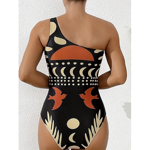  Kvinnors Baddräkter En Del Monokini Baddräkt Rygglös Magkontroll Hög Midja Smal Semester Vintage Grafisk Asymmetrisk Hals Ärmlösa Badkläder