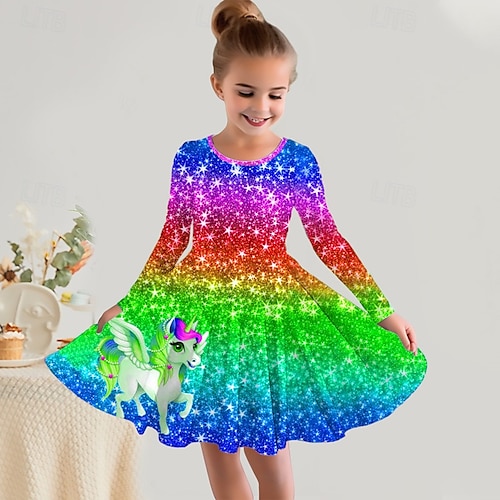  Girls' 3D Rainbow Unicorn Dress Long Sleeve 3D Print Fall Winter Vacation Sports & Outdoor Daily Cute Casual Beautiful Kids 3-12 Years Casual Dress A Line Dress Above Knee Regular Fit