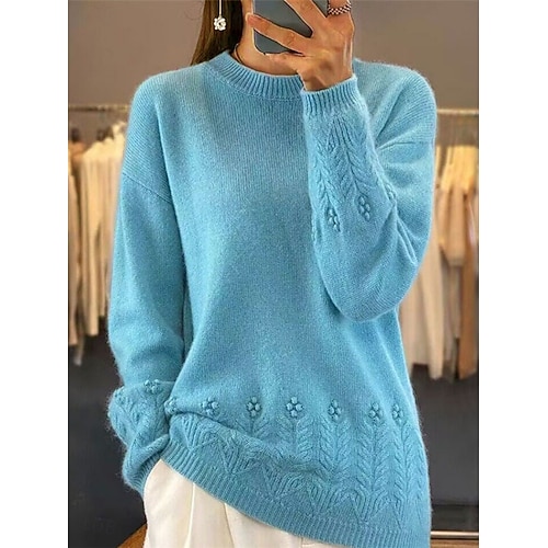 Femme Pull Chandail Décontractées Flexible Couleur monochrome A côtes Col Ras du Cou Tricoté manche longue Hauts réguliers Tricoter Extérieur du quotidien Fin de semaine Rose Claire Bleu Automne Hiver