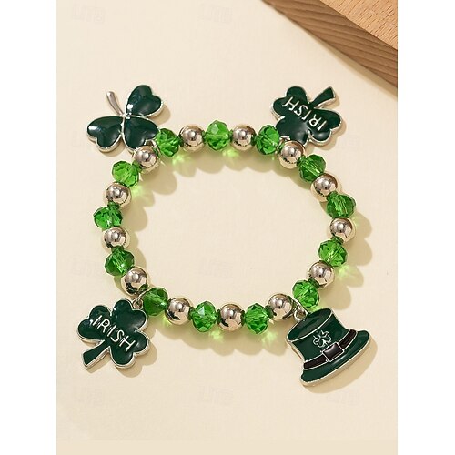  St. Patrick's Day Lucky Charm Bracelets – Irish Green Beaded Stretch Bracelet Set for Women, Festive Holiday Accessories with Shamrock and Letter Details