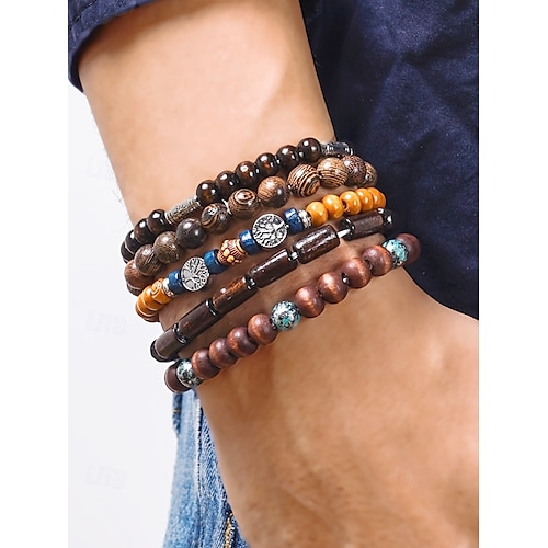 Juego de pulseras de cuentas de madera multicapa para hombre, joyería hecha a mano de estilo bohemio para ropa informal y de playa.