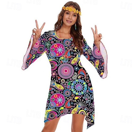 Retro Vintage 1970s 70s Fancy Dress Women Bell Sleeve Hippie Disco Graphic Round Neck Fancy Dress Women's Halloween Carnival Masquerade Party Daily