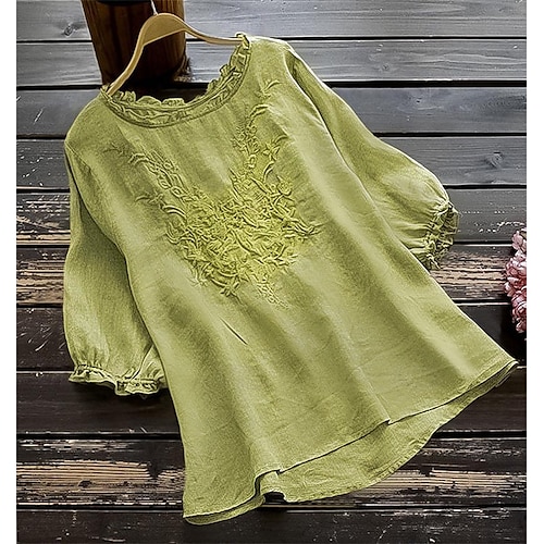 Mujer Camisa Camisa de lino Blusa Camisas de algodón y lino Color sólido Moda Escote Redondo Calle Diario Bordado Blanco Amarillo Rojo Verde Trébol Caqui Verano