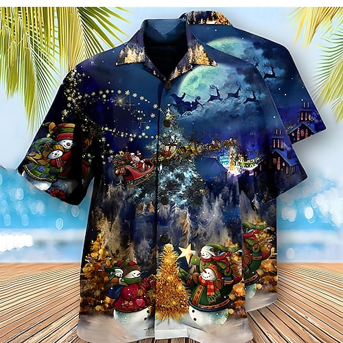  jul herr julscen tryckta skjortor grafiska jultomten turndown havsblå marinblå + svart rosa marinblå kungsblå gata casual kort ärm 3d button-down kläder kläder mode