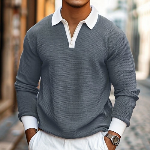  Herr Våffelpikétröjor Quarter Zip Polo Utomhus Casual Fjärdedels blixtlås Långärmad Mode Modern Ensfärgat Stickat Vår & Höst Standardpassform Marinblå Mörkgrön Orange Ljusgrå Våffelpikétröjor