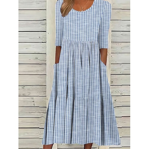 Femmes Robe Midi Robe Décontractée Robe trapèze Élégant Occasionnel Vacances Quotidien Coupe Ample Rayure Manche Courte Col ras du cou Gris Bleu clair Été Printemps