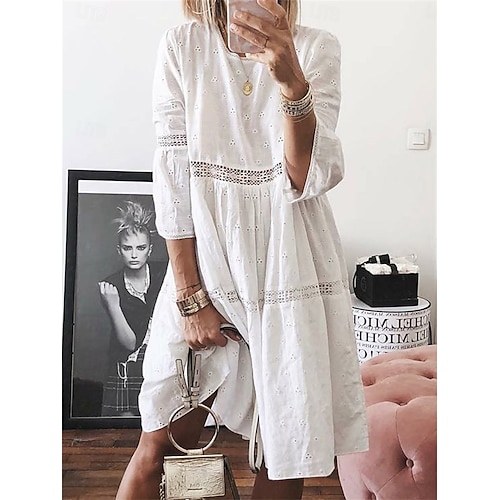 Femmes Robe Longue Maxi Robe Robes en coton et lin Robe Décontractée Élégant Basique Occasionnel Vacances Quotidien Coupe Ample Uni Manche 3/4 Col ras du cou Blanche Jaune Bleu Violet Été Printemps