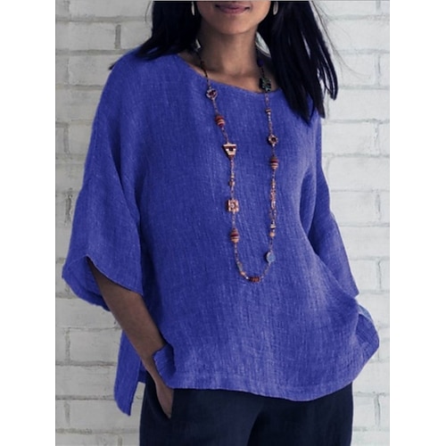 Femmes Chemise Chemisier Chemises en coton et lin Couleur Unie Basique Occasionnel Manche 3/4 Col ras du cou Hauts Réguliers Quotidien Vert herbe Noir Blanche Vert Claire Rose Claire Été