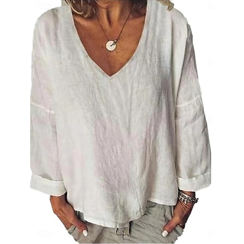 Mujer Camisa Blusa Camisas de algodón y lino Color sólido Básico Casual Manga Larga Escote en Pico Tops regulares Diario Blanco Amarillo Verano Primavera