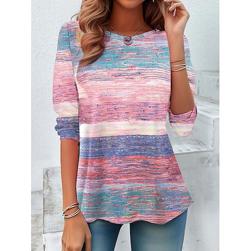  Femmes T-shirt A Ombre Occasionnel manche longue Col ras du cou Hauts Réguliers Quotidien Imprimé Rose Claire Bleu Printemps Automne