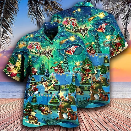  jul herr julscen tryckta skjortor grafiska jultomten turndown havsblå marinblå + svart rosa marinblå kungsblå gata casual kort ärm 3d button-down kläder kläder mode