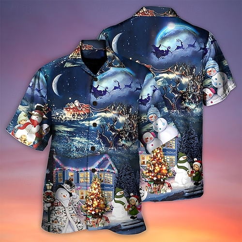  jul herr julscen tryckta skjortor grafiska jultomten turndown havsblå marinblå + svart rosa marinblå kungsblå gata casual kort ärm 3d button-down kläder kläder mode