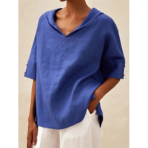 Mujer Camisa Blusa Camisas de algodón y lino Color sólido Básico Casual Manga 3/4 Con Capucha Tops regulares Diario Botones Blanco Azul Piscina Verano