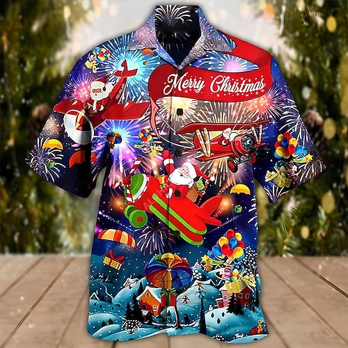  jul herr julscen tryckta skjortor grafiska jultomten turndown havsblå marinblå + svart rosa marinblå kungsblå gata casual kort ärm 3d button-down kläder kläder mode