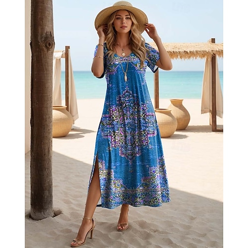  Női Maxi Ruha T Ing Ruha Tee Ruha Napernyő Ruha Átmeneti Ruha Bohemia Vakáció Parti Üdülés Rendes Fit Vintage Boho Rövid Ujjú Kerek Nyak Fekete Piros Tengerkék Kék