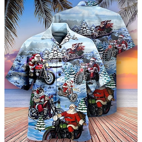  jul herr julscen tryckta skjortor grafiska jultomten turndown havsblå marinblå + svart rosa marinblå kungsblå gata casual kort ärm 3d button-down kläder kläder mode