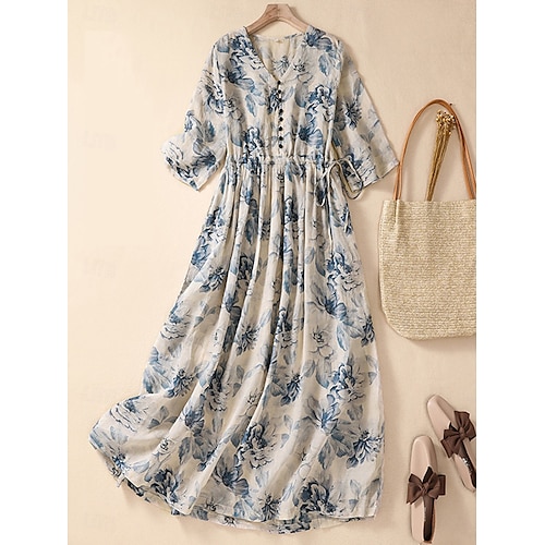 Femmes Robe maxi Robes en coton et lin Robe Décontractée Robe évasée Robe longue en coton Basique Occasionnel Vacances Quotidien Coupe régulière Fleuri Manche Courte Col en V Kaki Été