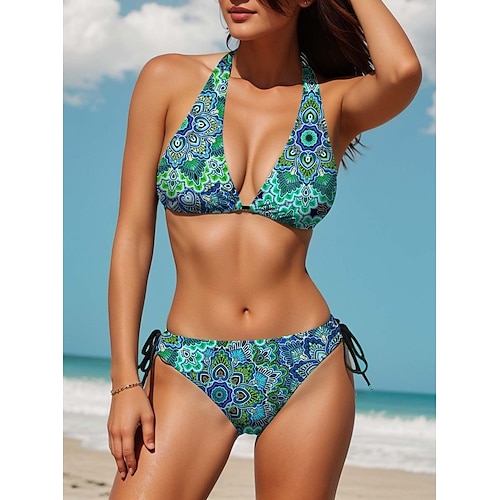  W női fürdőruhák Bikini 2 részes Csábító fürdőruha Hát nélküli Karcsúsító Nyaralás Tengerparti viselet Virágos V nyak Ujjatlan Fürdőruhák