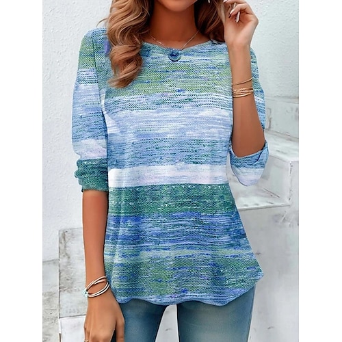  Femmes T-shirt A Ombre Occasionnel manche longue Col ras du cou Hauts Réguliers Quotidien Imprimé Rose Claire Bleu Printemps Automne