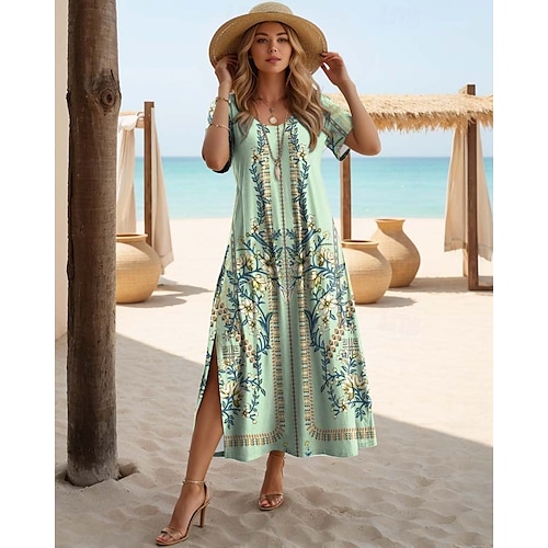  Női Maxi Ruha T Ing Ruha Tee Ruha Napernyő Ruha Átmeneti Ruha Bohemia Vakáció Parti Üdülés Rendes Fit Vintage Boho Rövid Ujjú Kerek Nyak Fekete Piros Tengerkék Kék