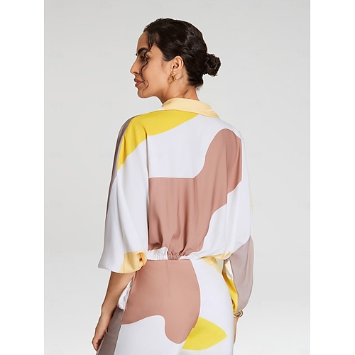  Per donna Blusa Colore a contrasto Casual / quotidiano Fine settimana A palloncino Giallo Nodo anteriore Manica a 3/4 Casual quotidiano Collo ripiegabile Primavera & Autunno