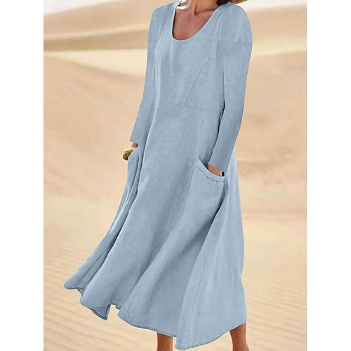 Femmes Robe Midi Robes en coton et lin Élégant Basique Occasionnel Vacances Quotidien Date Coupe Ample Uni manche longue Col ras du cou Blanche Vert Claire Rose Claire Bleu Ciel Printemps Automne