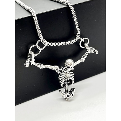 náhrdelník s přívěskem s gotickou kostrou – řetízek ze slitiny punkového stylu pro muže a ženy, ideální pro halloween, cosplay a alternativní módu náhrdelník s přívěskem s gotickou kostrou – řetízek ze slitiny punkového stylu pro muže a ženy, ideální pro halloween, cosplay a alternativní módu