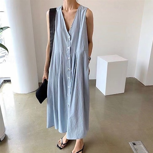 Femmes Robe Longue Maxi Robe Robes inspirées du lin Robe Décontractée Élégant Occasionnel Vacances Quotidien Date Coupe régulière Uni Sans manches Col en V Noir Bleu Abricot Été Printemps