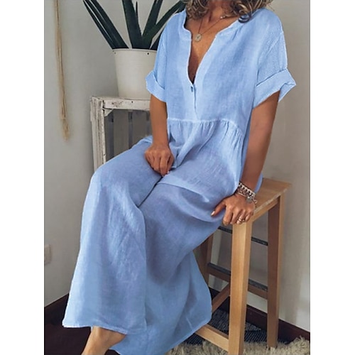 Per donna Abito maxi Abiti in cotone e lino Vestito Casual Essenziale Casual Vacanza Quotidiano Vestibilità regolare Semplice Manica Corta Scollo a V Nero Bianco Viola Azzurro Estate