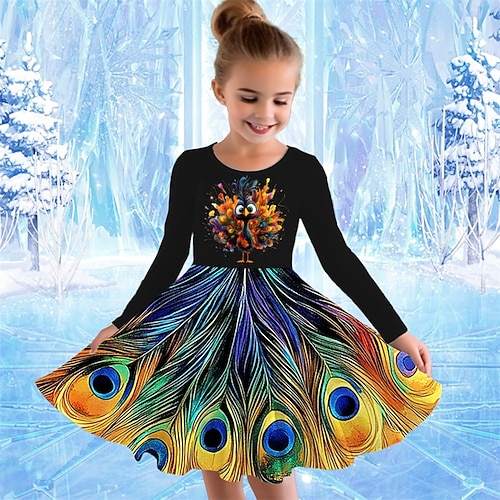 Girls' 3D Graphic Animal Peacock Dress Long Sleeve Summer Spring Vacation  Daily Holiday Princess Beautiful Sweet Kids 4-12 Years Casual Dress A Line  Dress Knee-length Regular Fit 2026 - $16.99