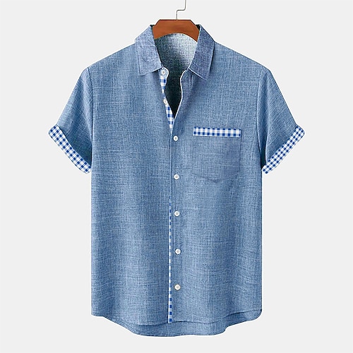 

Men's Shirt Linen Shirt Beach Shirt Plaid Home Holiday Blue Green khaki Short Sleeve Turndown Summer Clothing Apparel