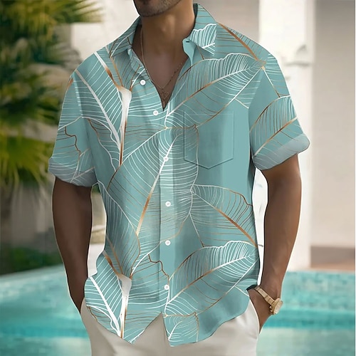 

Men's Palm Leaf Tropical Plants Summer Hawaiian Shirt Button Up Shirt Short Sleeve Hawaiian Resort Vacation Holiday Beach Wear Summer Spring Turndown Collared Shirts Front One Pocket Pink Blue Mint