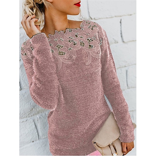 

Women's Sweater Casual Soft Pure Color Ribbed Crew Neck Lace Knitted Long Sleeve Regular Tops Knit Outdoor Daily Weekend Black Pink Fall Winter