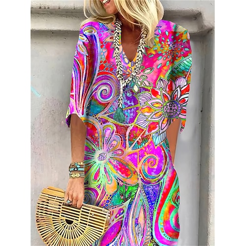 

Women's Mini Dress Petite Dress T Shirt Dress Tee Dress Shift Dress Summer Dress Print Dress Active Fashion Streetwear Outdoor Vacation Work Regular Fit Floral Paisley Half Sleeve V Neck Red Blue