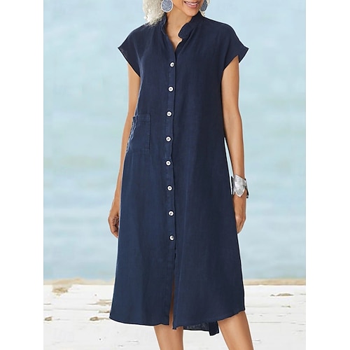 Femmes Robe Midi Robes en coton et lin Robe Décontractée Robe longue en coton Basique Occasionnel Vacances Quotidien Coupe régulière Uni Manche Courte Encolure en V Blanche bleu marine Été