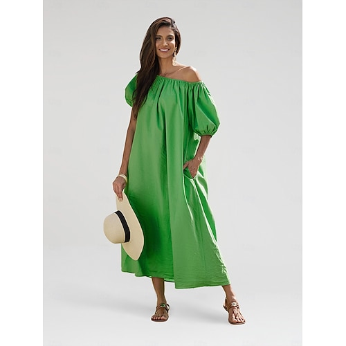 Robe maxi en coton pour femmes, tenue de villégiature décontractée, robe de vacances, coupe ample, épaules dénudées, manches bouffantes, ligne a, été