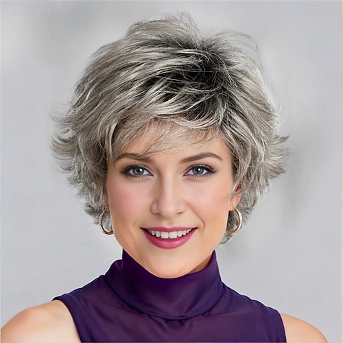 Perruque Synthétique Bouclé Avec Frange Fabriqué à la machine Perruque Court A1 A2 A3 A4 A5 Cheveux Synthétiques Femme Doux Mode Facile à transporter Blond Argent Gris