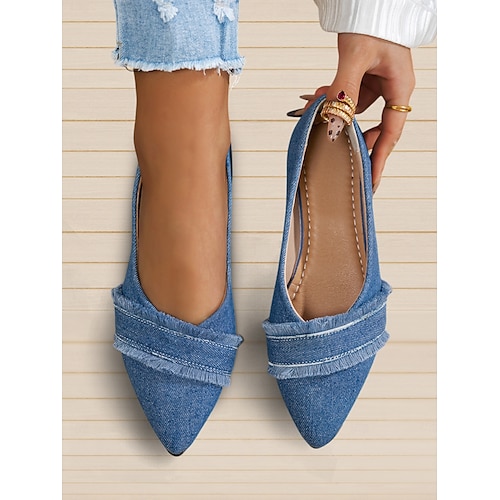  pantofi de damă din denim cu vârf ascuțit, cu detalii uzate - pantofi casual și șic pentru ieșirile de zi cu zi și moda de primăvară