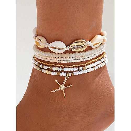 boho strand enkelband set voor dames – meerlaags schelp- en kralenontwerp met zeesterbedel, perfect voor de zomer, vakanties en strandkleding